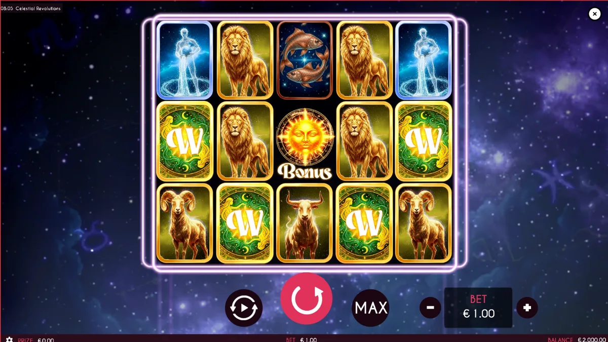 Tampilan visual slot Celestial Revolutions dengan latar belakang rasi bintang dan roda keberuntungan.