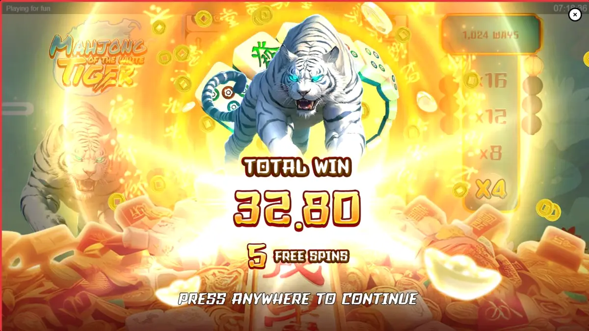 Mahjong of the White Tiger slot machine interface with golden tiles and tiger theme.